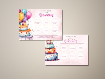 Zwei personalisierte Rubbelkarten zum Geburtstag mit freigerubbelten Feldern. Die obere Karte zeigt den Gewinn „Romantisches Dinner“, die untere den Gewinn „Shopping-Gutschein“. Ideal als kreative Geschenkverpackung für gemeinsame Erlebnisse.